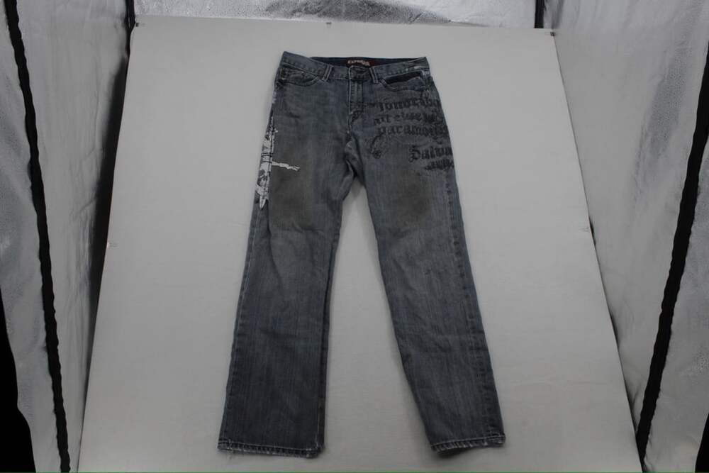Express Kingston Classic Fit Straight Leg Jeans with Graphic Skull and Text Prin